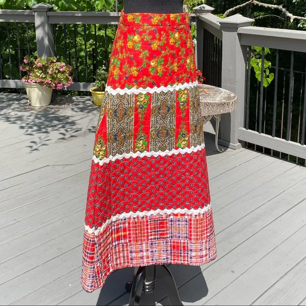 Vintage 60s Metal Zipper Cottagecore Prairie plaid FlorL Quilted Maxi Skirt - Picture 2 of 7